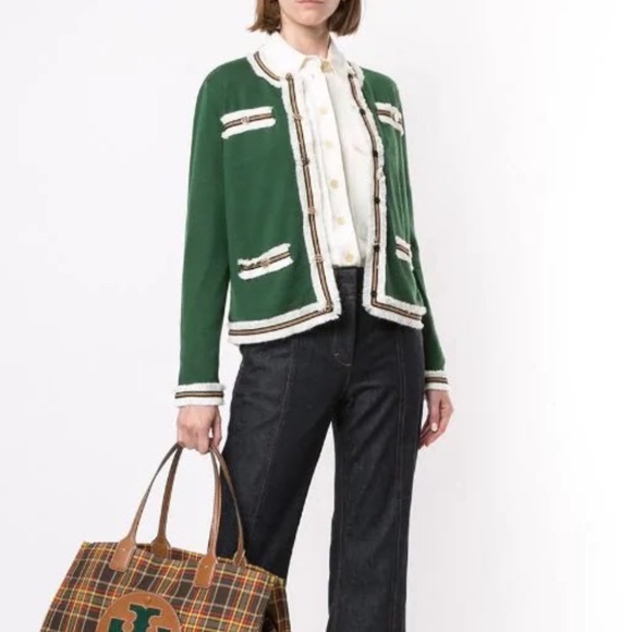 Tory Burch Kendra Fringe Knit Merino Wool Cardigan Green